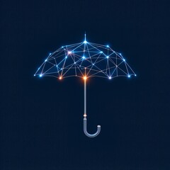 A digital network umbrella with glowing blue and orange nodes on a dark background, symbolizing protection and connectivity in the modern era.