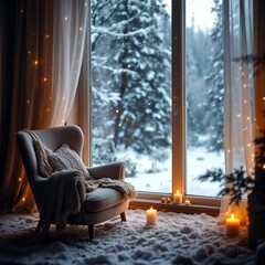 A cozy armchair by a large window overlooking a snowy winter forest, illuminated by warm string lights and candles.