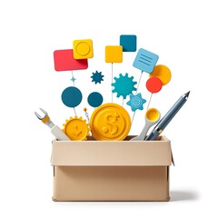 A brown cardboard box overflowing with colorful business tools, gears, and abstract shapes, symbolizing innovation and resources.