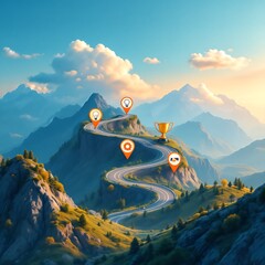 A winding road ascending a majestic mountain peak, marked with progress icons and culminating in a golden trophy, symbolizing a journey towards success and achievement.