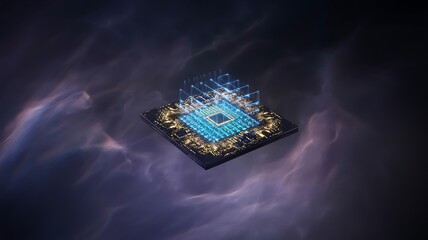 Futuristic glowing CPU chip with abstract nebula background