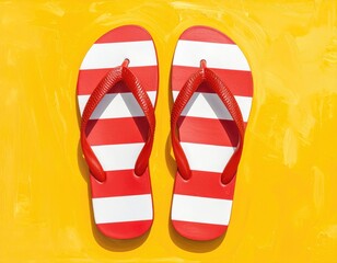 Striped flip-flops, red and white, on yellow background (1)