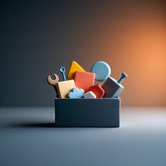 A minimalist grey box filled with colorful abstract shapes and simplified tools, representing resources or building blocks.