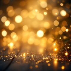 Golden bokeh lights shimmering on a dark surface with festive sparkles and a hint of pine, creating a magical holiday atmosphere.