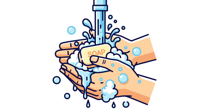 An illustration of a person washing their hands with a bar of soap and water from a faucet to maintain hygiene.