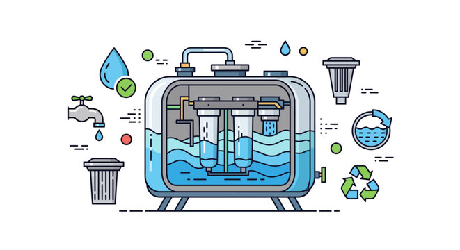 Detailed illustration of a water purification and filtration system with various related elements like a faucet, clean water, and recycling symbols.