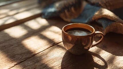 A cozy morning arrangement showing a cup of hot coffee on a natural wooden surface, illuminated by warm natural light with delicate shadows creating a tranquil and inviting atmosphere