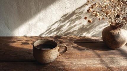A minimal morning setup with a freshly brewed coffee placed on a rustic wooden table, gentle warm sunlight casting soft shadows, and serene elements that highlight calm and comfort