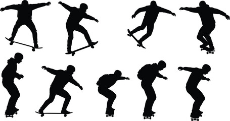 Silhouette of skateboarders performing tricks and jumps, street skateboarding action, urban sport lifestyle, balance, motion, extreme sports concept illustration