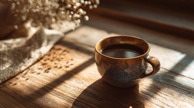 A cozy morning arrangement showing a cup of hot coffee on a natural wooden surface, illuminated by warm natural light with delicate shadows creating a tranquil and inviting atmosphere
