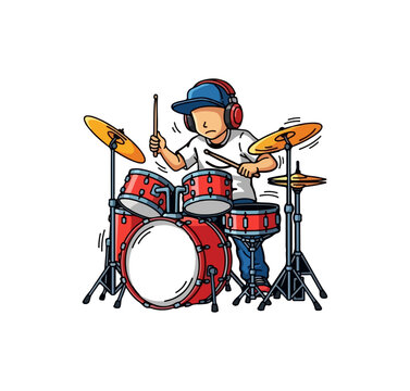 Young boy playing drum set with headphones cartoon illustration.