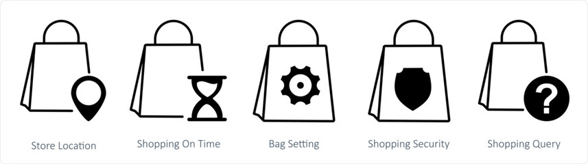 A set of 5 business icons as store location, shopping on time, bag setting