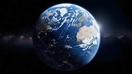 Obraz premium Earth from space with glowing continents cloud layers and city lights under cosmic starry sky