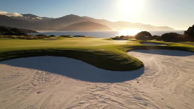 Golf Course Bunker Shot at Sunrise with Ocean and Mountain Views
