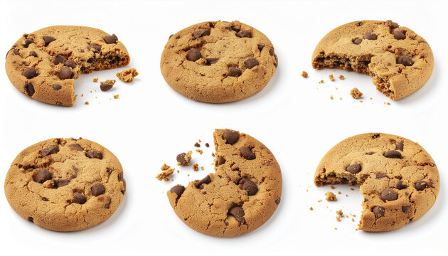 Six delicious chocolate chip cookies, some whole and others with bites taken out, creating a tempting display of sweet treats.