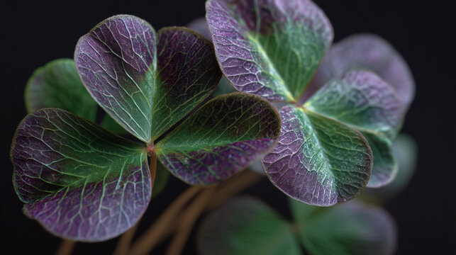 Close up of purple and green oxalis triangularis leaves against a dark background in soft focus