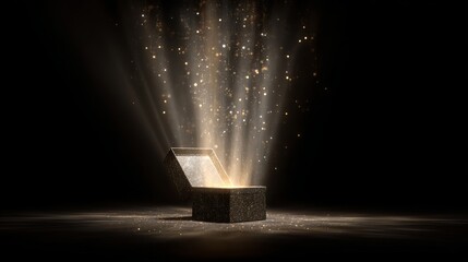 Glowing dark silver gift box with golden and silver light beams, glitter particles, and sparkling streaks on dark reflective surface.