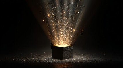 Glowing dark silver gift box with golden and silver light beams, glitter particles, and sparkling streaks on dark reflective surface.