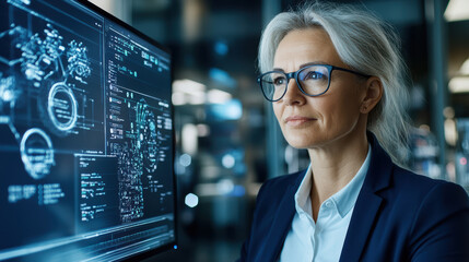 Senior engineer analyzing futuristic code and schematic displays confidently