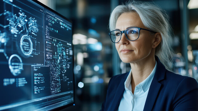 Senior engineer analyzing futuristic code and schematic displays confidently