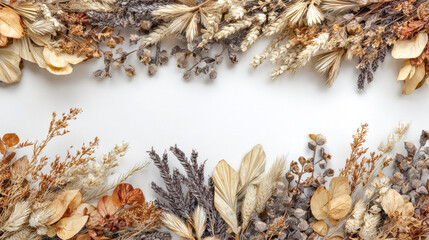 A minimal background with dried botanical elements arranged around the edges creates a natural frame on a clean surface for versatile design use.