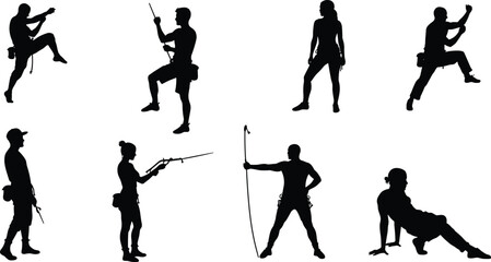 Silhouettes of climbers practicing various rock climbing techniques, rappelling, belaying, outdoor adventure skills, fitness strength training, and mountaineering movements in dynamic action poses