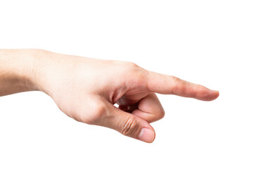 Male hand touching or pointing to something isolated on white background.