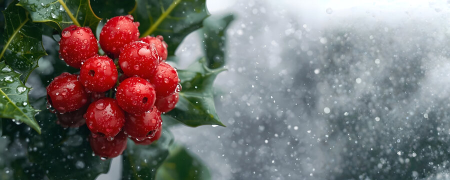 Vibrant Red Holly Berries with Green Spiky Leaves Covered in Raindrops or Melting Snow - Detailed Macro of Traditional Christmas Winter Foliage.