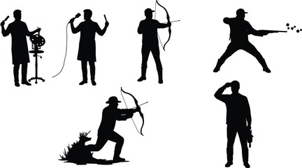 Fototapeta premium Silhouettes of diverse people performing scientific experiments, archery practice, tactical aiming, and observational activities, highlighting skill, focus, precision, and dynamic human actions