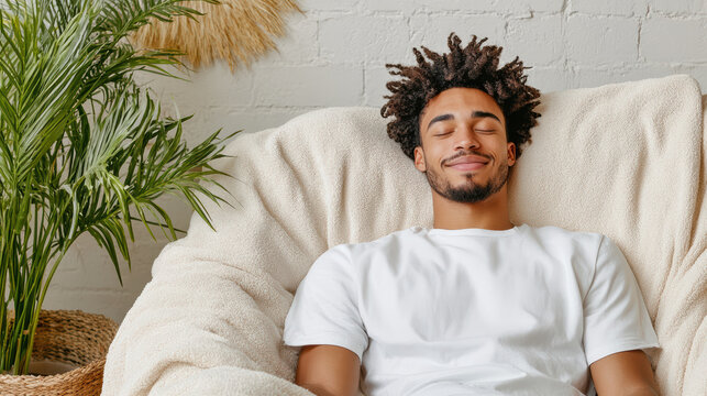 Young man relaxing on cozy sofa with eyes closed, peaceful expression