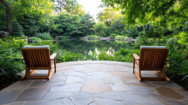 Wooden lounge chair lake garden stone patio greenery pond trees tranquil reflection outdoor