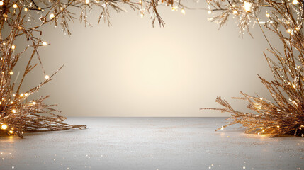 Gold sparkle branches and warm fairy lights creating elegant festive frame with soft glow