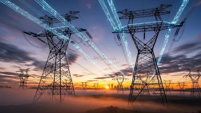 Electric power transmission towers silhouetted against a vibrant sunset sky.