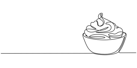 Self drawing animation of single one line drawing one bowl with whipped cream, Full length animated 