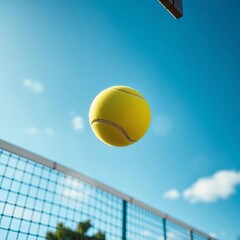 Tennis ball suspended mid-air, net in view, blue sky, dynamic motion, bright outdoor sports vibe, sharp focus,  dedication,  training