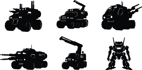 Silhouettes of futuristic armored vehicles and combat mech robots with heavy weapons, military machinery, sci-fi war machines, tactical technology illustration on white background © Md