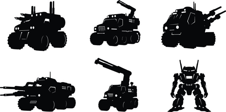 Silhouettes of futuristic armored vehicles and combat mech robots with heavy weapons, military machinery, sci-fi war machines, tactical technology illustration on white background