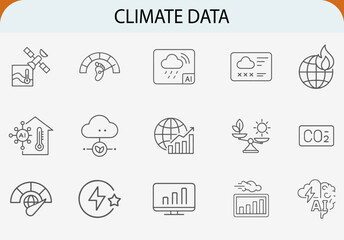 Climate data outline icon set, global warming environmental change vector