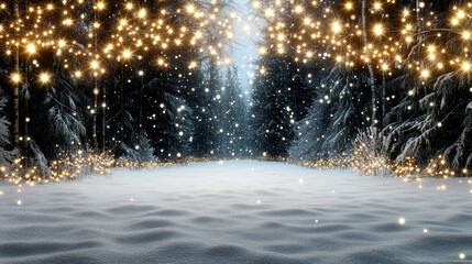 Snowy forest clearing with glowing fairy lights and falling snowflakes creating magical winter