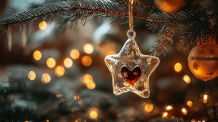 Magical close-up of a glass Christmas star ornament with a red heart centerpiece hanging on a dark fir tree branch, illuminated by warm golden bokeh fairy lights.