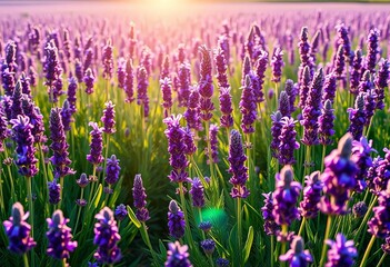 Fototapeta premium Sun-drenched lavender field, fragrant purple blooms, pollination, floral