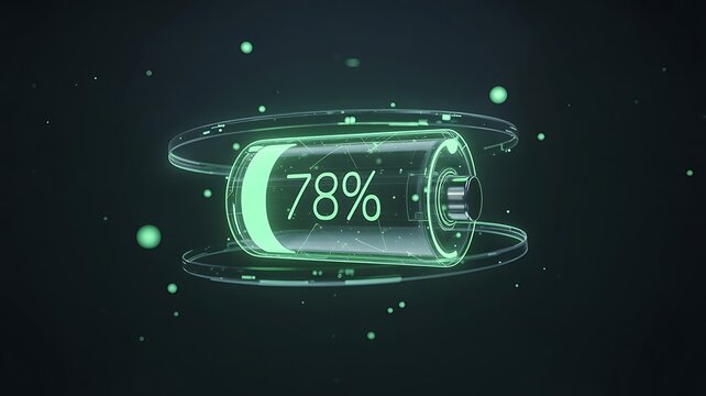 Transparent battery icon showing 78% charge with glowing green energy - Powered by Adobe