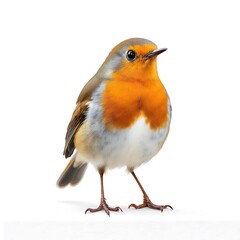 European robin with orange-red breast and brown plumage standing on white background