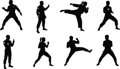 Silhouettes of martial artists practicing diverse combat stances, dynamic kicks, self-defense techniques, disciplined training movements, and action poses in bold black illustration style
