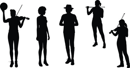 Silhouettes of musicians playing violin and flute alongside standing figures, representing artistic performance, musical expression, creative characters, and diverse human poses for vector design