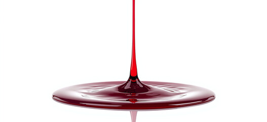 Red glossy liquid splash forming a smooth reflective pool and vertical stream on white background, abstract macro fluid art for design, cosmetics, wine, paint or blood concept