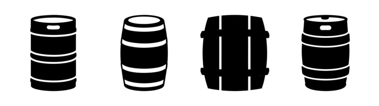Four simple black barrel icons set against a white background in different styles