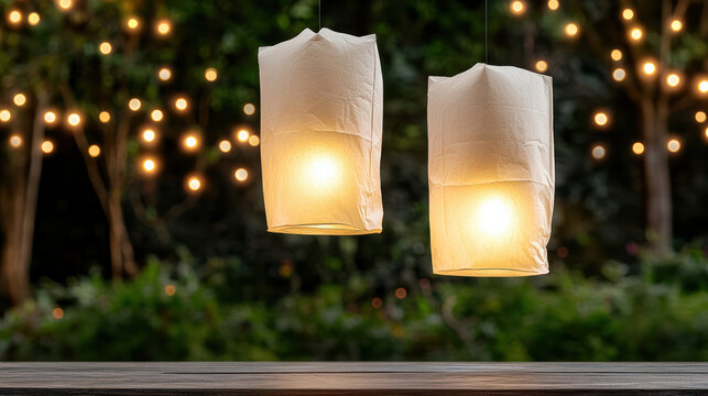 Paper lanterns glowing softly at night with bokeh lights and garden background - Powered by Adobe