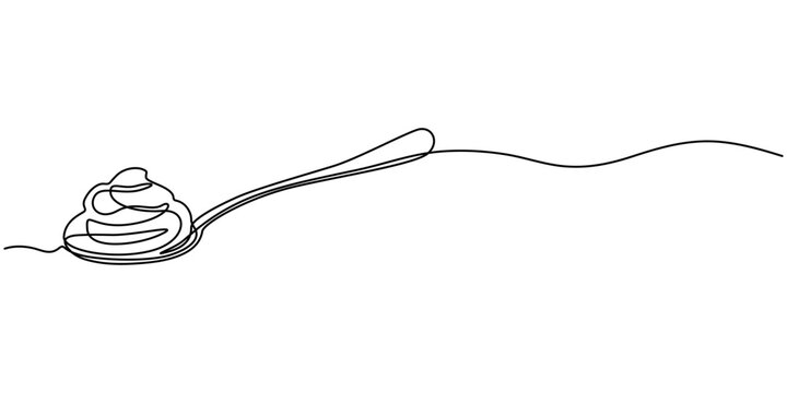 Continuous one line drawing caramel liquid poured into a spoon. Want to taste the extraordinary pleasure in the mouth. Sweetness. National Caramel Day. Single line draw design vector illustration