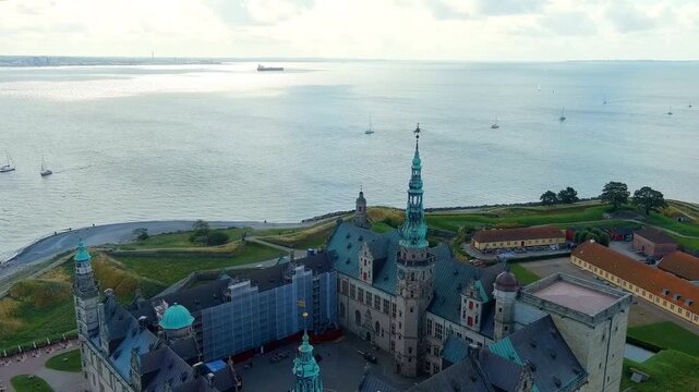 Helsingor, Denmark. A 16th-century castle with a banquet hall and royal chambers. The prototype of Elsinore Castle in the play Hamlet. Drone footage